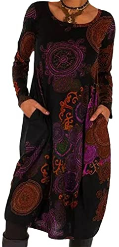 Onsoyours Robe Causal Femme Fille Impression Manches Longues en Vrac Chic Grande Taille Col Round avec Poche T-Shirt Sweats Tunique Rétro B Rouge Foncé XXL