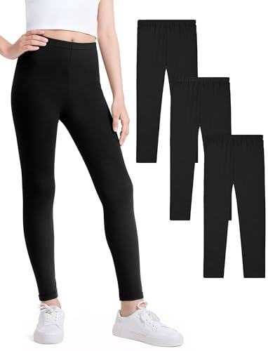 KEREDA Girls Black Leggings Kids Full Length Plain Cotton Stretchy Pants 10-12 Years Black 3 Packs