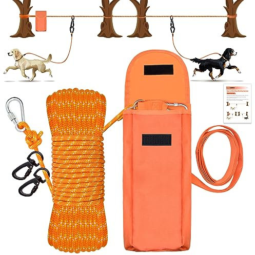 KATOLK - Cable de amarre para perros mejorado para camping, sistema portátil de 100 pies para 2 perros, sistema de enganche para perros Knot-a-Hitch de hasta 250 libras, corredor de perros para patio,