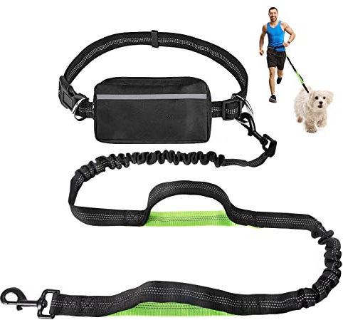 Elastische Reflektierende Hundeleine mit Bauchgurt Tasche Hundeleine Laufen Spazieren Stoßdämpfende Doppelgriff für Laufen Gehen Wandern Joggen Kleine Mittel Große Haustiere Schwarz Grün