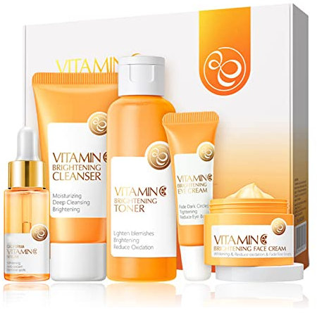 Skincare Gift Set for Her,Vitamin C Skin Care-With Hyaluronic Acid&Vitamin C,Skincare Routine,Cleanser, Face Serum, Cream,Toner, Eye Cream - Anti- Aging,Brightening (One Size, Vitamin C-SetC-5pcs)