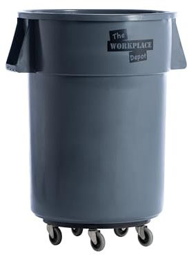 The Workplace Depot - Round Utility Bin with Dolly – 208L Capacity, Polyethylene, Ergonomic Handles, Reinforced Rims, Perfect for Industrial and Office Use (Bin & Dolly)