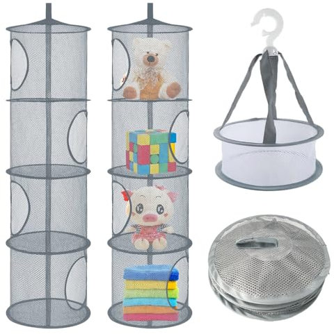 HEKOBAG 3 Stück Aufbewahrungsnetz Hängend Netzkorb Faltbar Hängeaufbewahrung Netz Hängeregal Mesh 2 Größen Hängender Speicherkorb mit 4 Fächern Hängende Netz-Aufbewahrungstasche für Badezimmer Balkon