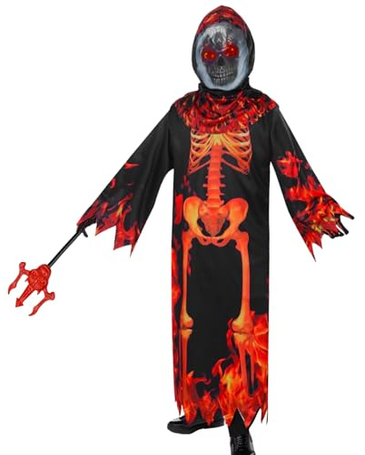 HarnyLoom Fire Grim Reaper Costume Kids Boys, Halloween Devil Skeleton Hooded Cape with Gloves Skull Face Mask Halloween Red Pitchfork Reaper Robe Halloween Party Dress Up Outfit Cloak Cosplay (L)