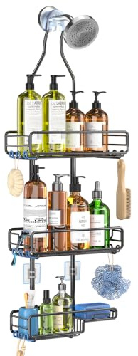 Shower Caddy Hanging Bathroom Organizer: Over Head Adjustable Rack for Tall Showerhead - Extra Large Storage Shelf for Big Shampoo Bottles with Soap Holder