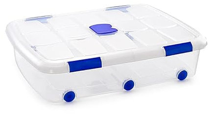 Caja de almacenaje bajo Cama de PVC Transparente con Tapa y Ruedas y antipolillas de 56 litros 60x80x18cm