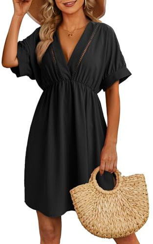Dokotoo Summer Dresses for Women 2026 Hollow Out V Neck Short Sleeve Beach Vacation Clothes Swim Cover Up Bathing Suit Bikini Swimwear Swimsuit Coverup Hawaiian Flowy Tunic Sun Dress Black XX-Large