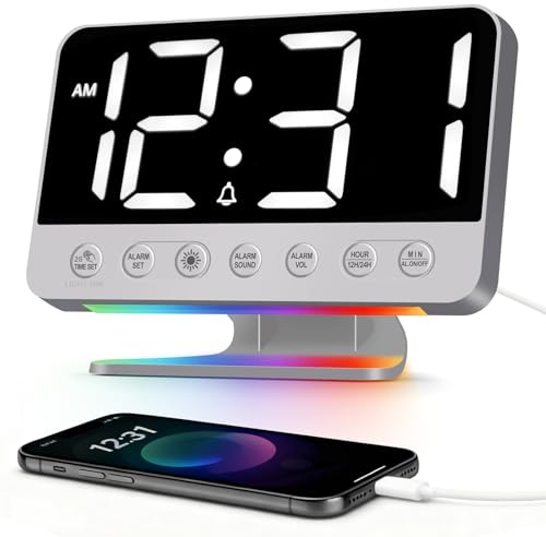 Venchin Wecker Digital: Lauter Wecker für Tiefschläfer 110dB, 8 RGB-licht Ladestation Schlummer Nachttisch 5 Naturgeräuschen 6 Helligkeit 4 Lautstärke 12H/24H, Große Zahlen LED Tischuhr Kinder