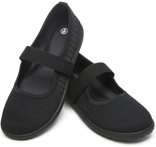 Waluzs Wide Toe Box Flats Shoes Women Knit Ballet Flats Mary Jane Dress Flat Wide Width Walking Shoes Slip-on with Strap (Black,US7)