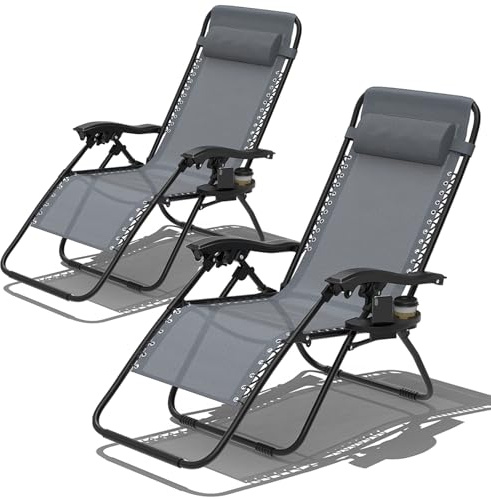 Chaise Longue Pliante，Fauteuil Relax Jardin，Bain de Soleil avec Porte-Gobelet et Repose-Tête,Inclinables，Transat de Relaxation，Transat de Plage Chaise de Camping pour Patio Jardin Plage，2PCS，Gris