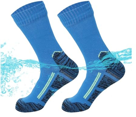 JiaYouLC Unisex Mid Calf Waterproof Socks Stretchy Mens Water Proof Socks for Hiking Cycling Running Sport Jogging Mountain Climbing (UK, Numeric, 9, 11, Regular, Regular, Blue)