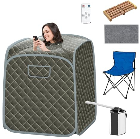 HOMFME Portable Steam Sauna Tent, Folding Personal Full Body Spa Steam Pot with 9-Gear Adjustable Temperature & Timer, Remote Control, Chair, Home Saunas Spa for Relaxing Body Therapy Slimming (Grey)