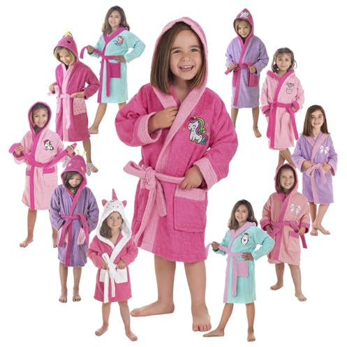 LEBENGOOD - Peignoir Filles Coton: Fille, Enfant - 100% Coton OEKO-TEX® - 2 Poches, Ceinture, Capuche, Peignoirs en peluche très doux avec broderies pour filles