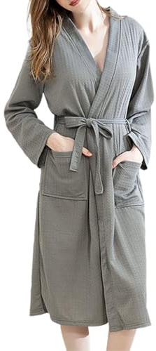 Albornoz ligero absorbente de gofres para mujer, bata de baño ligera para mujer, bata larga, kimono de talla grande, ropa de descanso de invierno, bata de verano, bata de forro polar de felpa, gris, M