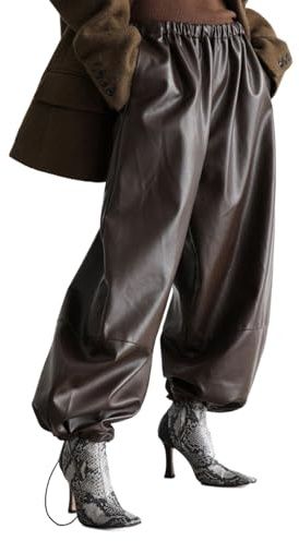 Generico Pantaloni da Jogging da Donna in Similpelle con Coulisse Vita Elasticizzata Gamba Dritta e Larghi