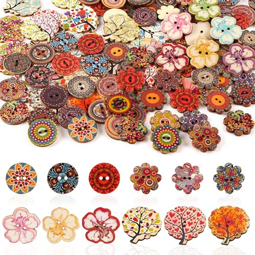 YiiHHooN Botones de Madera de Colores, 120 Piezas Botones Vintage de Madera con 2 Agujeros, 20/25/30 mm y 4 Estilos Botone Vintage de Madera de Colores para Costura Manualidades Artesanía