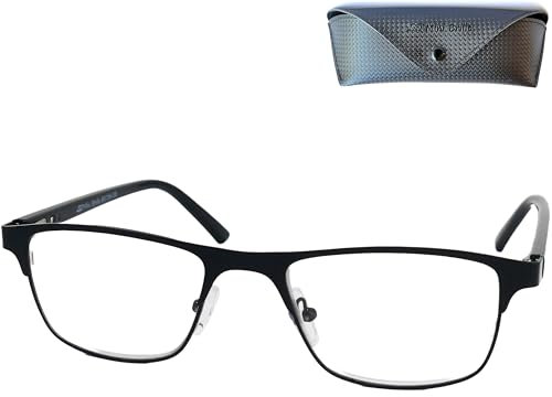 Mini Brille Metall Lesebrille mit rechteckigen Gläsern - mit Gratis Etui, Edelstahl Brillengestell (Schwarz), Eckige Lesehilfe Herren und Damen +1.5 Dioptrien