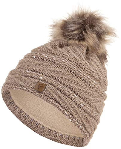 Faera Wintermütze Mütze Damen warm gefüttert mit Pailletten Kunstfell Bommel-Mütze Fleecefutter Winter Herbst Strickmütze Beanie Mädchen 62, Farbe:Beige