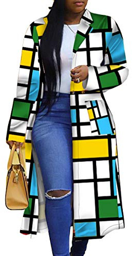 Women's Colored Geo Turn Down Collar Trench Coat Colorful Outerwear Cardigan Long Blazer Jacket(BE-2XL) Blue