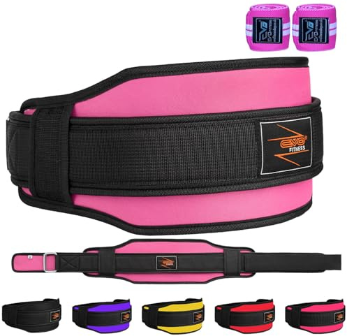 EVO Fitness Weight Lifting Belt 5.5” Neoprene Padded Back Lumbar Support Home Gym Training Exercise Workout Bodybuilding Powerlifting Deadlifts Squats with 18 Weight Lifting Wrist Wrap (Pink, Small)