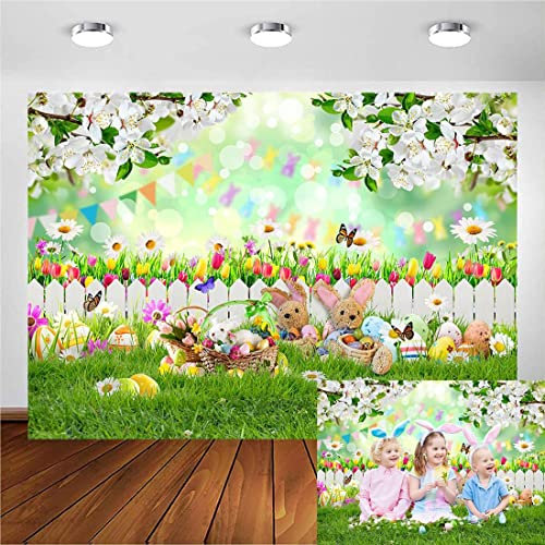 Avezano Toile de Fond de Pâques Printemps Jardin Fleur Clôture Herbe Verte Oeufs Colorés Bokeh Fond Enfants Anniversaire Nouveau-Né Baby Shower Portrait Photo Booth Props(2,1 x 1,5 m)