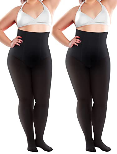 Sintege 2 Pairs 120 Denier Women's Plus Size Tights Stretch Opaque Control Top Tights Plus Size Pantyhose for Women (Black, XL-XXL)