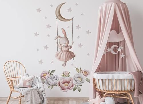 Osomhome Wandtattoo Kinderzimmer Mädchen & Junge: Hase & Mond (120x110cm) | Kinderzimmer & Babyzimmer Deko | Wandsticker & Wanddeko Kinderzimmer | Wandaufkleber Kinderzimmer Wall Stickers os2458