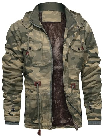 CHEXPEL Men's Thick Winter Jackets with Hood Fleece Lining Cotton Military Jackets Work Coats with Cargo Pockets Camo L