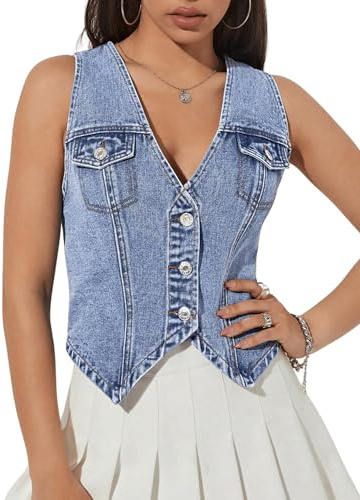 GORGLITTER Women's Denim Vest Top Sleeveless Jean Vest Crop Denim Tank Top Flap Pocket Button Front Y2K Vest 2026 Blue Small