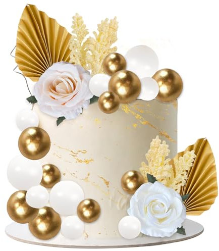 SOETDERT 30 Pezzi Decorazioni Torta, Decorazioni per Torte con Rose Decorazione, Foglie di Palma, Palla Cake Topper, Oro Torta Decorazioni per Feste di Compleann,Anniversario di Matrimonio