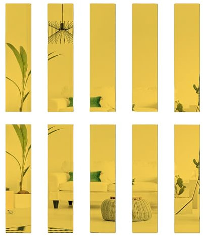 KMQRDZi 10 styck glas glas 5 x 20 cm, spegelplattor, väggdekoration, rektangulärt akrylspegel-klistermärke, 3D-effekt, självhäftande väggspegel, ramlös gör-det-själv (guld)