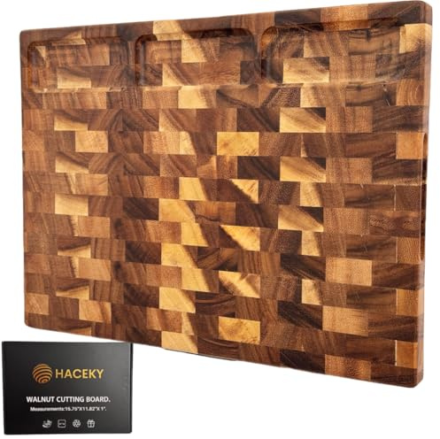 HACEKY End Grain Walnut Wood Cutting Board with Juice Groove - 16x12 Kitchen Butcher Block with Compartments - Reversible Charcuterie Board for Meat and Cheese - Gift Box Included