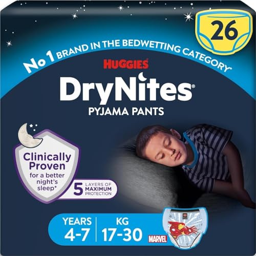 HUGGIES DryNites Pyjamasbyxor, pojkar 4-7 år (17-30 kg), 26 x sängkläder byxor, upp till 100% läckagefria nätter
