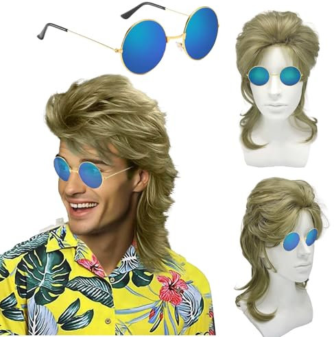 UILYNIU Uomo Parrucca Mullet Anni '80 Anni '70 Parrucca Uomo Bionda Mullet e Occhiali da Sole, Lunghi di Retro Disco Hippie Rocker Cosplay per Halloween Tema Feste Costume (Bionda)