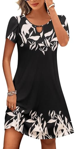 Zeagoo Summer Boho Dress for Women Short Sleeve Cotton Sundress V Neck Women's Swing Dress Casual Petite Dresses Black Floral XL