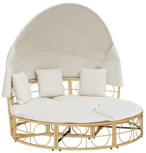 vidaXL Lettino Prendisole Esterno Tetto e Cuscini in Polyrattan, Lettino da Giardino, Lettino da Sole, Lettino abbronzante, Lettino