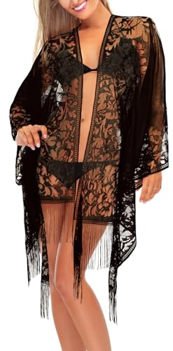 BSBUY Beach Cover Up for Women Swimsuit Cover Up, Sexy Elegant Lace Kimono Long Beach Dress, Floral Lace Bikini Swim Coverup Blouse, Sarong Shawl Tops Open Front Cover Ups Hollow Out Swimwear(Black)