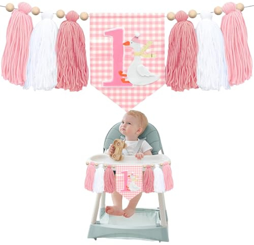 GlamRays 1 Compleanno seggiolone Banner Una Papera Decorazioni Fiori Prato Festa Foto Accessori Simpatica Papera Festone con Nappe (Rosa Papera Compleanno Banner)
