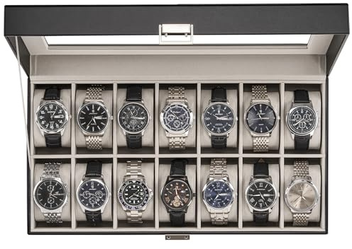 ProCase Caja Organizadora de Relojes 14 Ranuras, Estuche Joyero con Tapa de Cristal, Vitrina de Almacenamiento para Relojes, Pulseras y Joyas, Regalo Elegante para Hombres y Mujeres – Negro