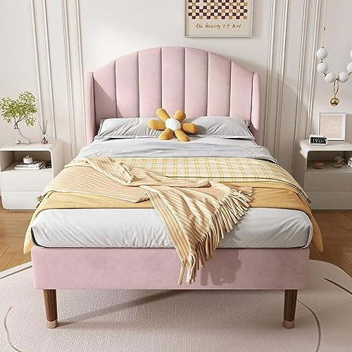 Ball & Cast Single Bed Frame, Soft Velvet Upholstered Bed, Upholstered Bed with Slatted Frame and Headboard, Adjustable Headboard,wooden slatted support, 90 x190cm, Pink
