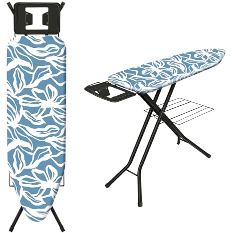 TEENO Table à Repasser Pliable 122 x 38 cm,pour Centrale Vapeur,Verrouillage Sécurisé,7 Réglages De Hauteur, Housse en Coton 100%,Universel pour La Maison/La Laverie(Bleu à Motifs)