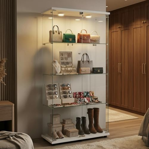 GAWYOEX Vitrina de cristal con LED, 164,5 cm, vitrina grande, 2 puertas, 4 capas, vitrina de pie, armario de colección, armario alto para salón, dormitorio, oficina (2 puertas, 4 capas, blanco)