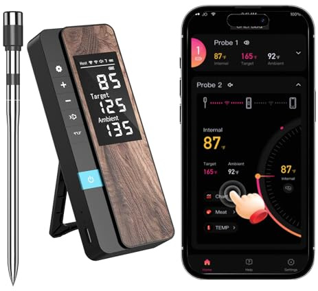 AI Smart Wireless Meat Thermometer, 10X Enhanced Signal and Stability, with High-Accuracy Sensors, Standalone Display Base, Instant Read LCD & App Control for Kitchen,BBQ,Oven,Grill,Air Fryer