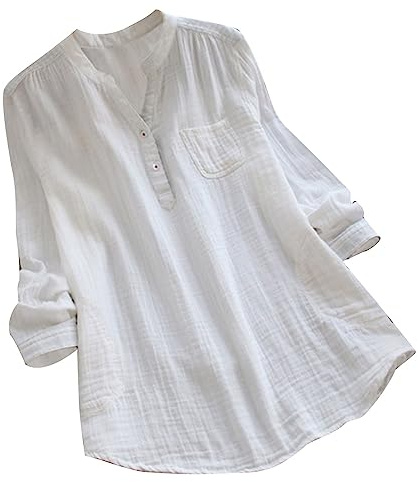 Gauze Linen Shirt Women UK Plus Size, Ladies Cotton Linen T-Shirts Elegant Long Sleeve Button Henley V Neck Casual Lagenlook Longline Summer Blouses Boho Plain Tee Shirt Long Tunic Tops White