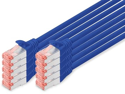 DIGITUS LAN Kabel Cat 6 – 5 m – 10 Stück – S/FTP Geschirmt – 1 Gbit/s – 250 MHz – PoE++ – AWG 27/7 – LSZH – RJ45 Netzwerkkabel – Patchkabel – Kompatibel zu Cat6A und Cat7 – Blau