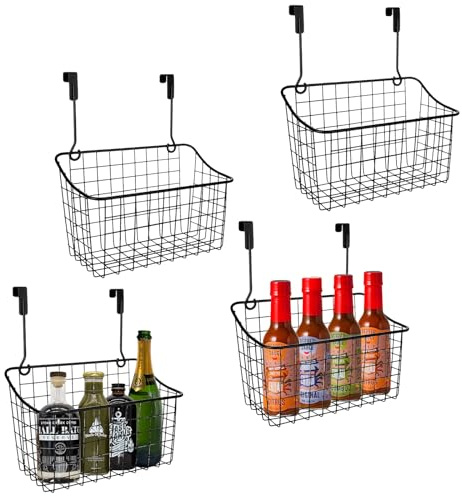 ACXFOND 4PCS Over the Cabinet Basket, Over Cabinet Door Organizer, Grid Storage Baskets with Hooks, Metal Hanging Basket Kitchen Storage Organizer Holder for Pantry, Bathroom, Black, 11x9.2x4.3’’
