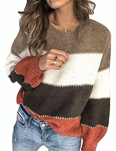 heekpek Jersey Mujer Invierno Punto Cuello Redondo Suéter Mujer Manga Larga Basico Bloque de Color Rayas Oversize Jersey de Punto Mujer, Caqui, S