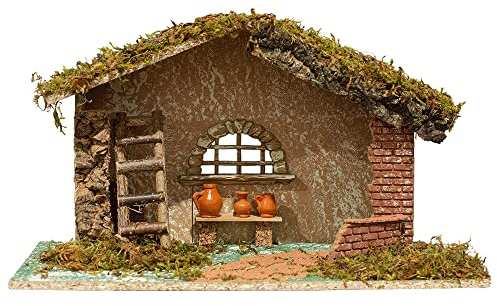 VILLAGE GIFT IMPORTERS Nativity Creche Stable | 11 Tall and 18.25 Wide | Realistic Moss Roof and Floor | Beautiful Texture Work | Ladder, Pots, and Window | Made in Italy