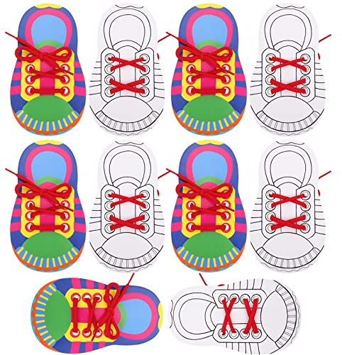 LUOZZY 10 Sets Shoe Trying Practice for Kids Wooden Learn to Tie Shoelaces Toy Lacing Shoe Tying Practice Threading Game Puzzle Toys for Kids Toddler Kindergarten Nursery