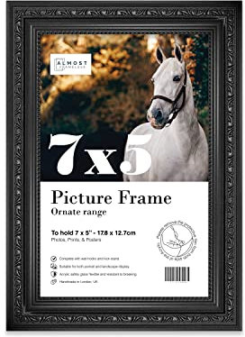 Almost Frameless 7x5 Black Ornate Picture Frame 7x5(17.7x12.7cm) Poster, Photo, Artwork, or Print. Baroque Style Portrait and Landscape Display with Wall Hooks